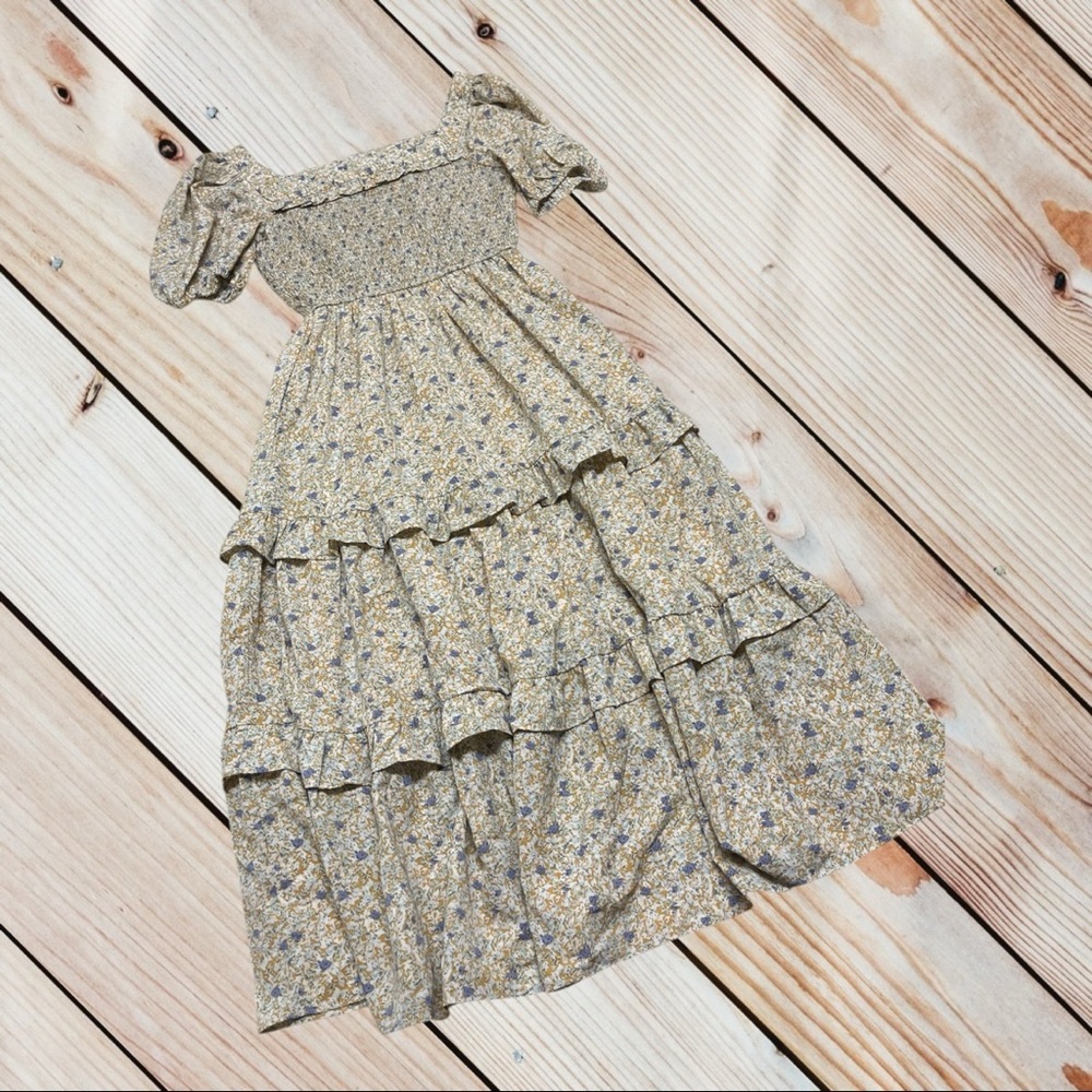 Calista S mustard floral smocked tiered midi dress with pockets - Picture 2 of 12